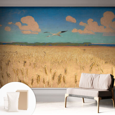 Papier peint intissé avec imprimé pour décoration intérieure pour rénovation a motif - Colle incluse gratuite Champ de blé 312x219 cm (1/5)