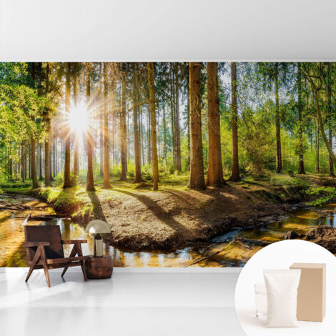 Papier peint intissé pour salon chambre à coucher peint imprimé pour mur - Colle incluse gratuite Idyllique forêt 416x254 cm (1/5)