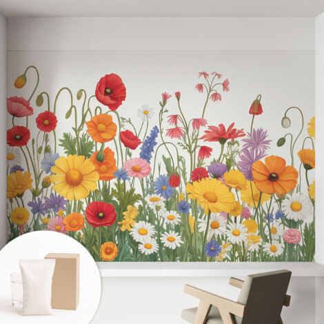 Papier peint décoratif avec colle pour salon, chambre à coucher et bureau – Design moderne et facile à poser Prairie fleurie 152x104 cm (1/5)
