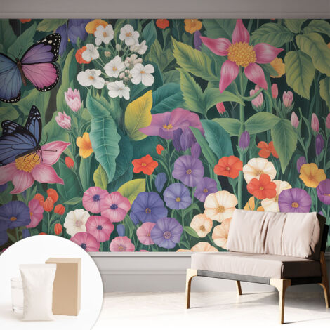 Papier peint intissé avec imprimé pour décoration intérieure pour rénovation a motif - Colle incluse gratuite Explosion florale 312x219 cm (1/5)