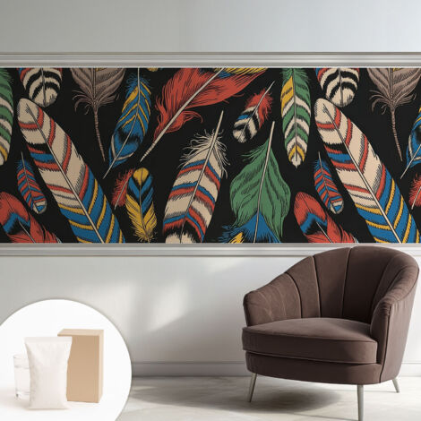 Papier peint intissé mural classique avec imprimé motifs décoratifs design élégant non‑tissé Plumes colorées 250x104 cm (1/5)