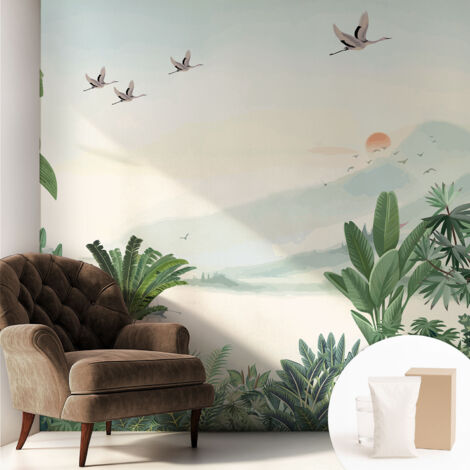 Papier peint intissé pour salon chambre à coucher peint imprimé Installation facile - Colle incluse gratuite Oasis tropicale 250x250 cm (1/5)