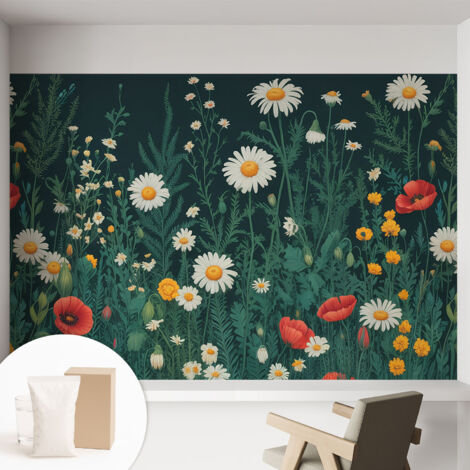 Papier peint intissé avec imprimé pour décoration intérieure pour rénovation a motif - Colle incluse gratuite Fleurs des champs 152x104 cm