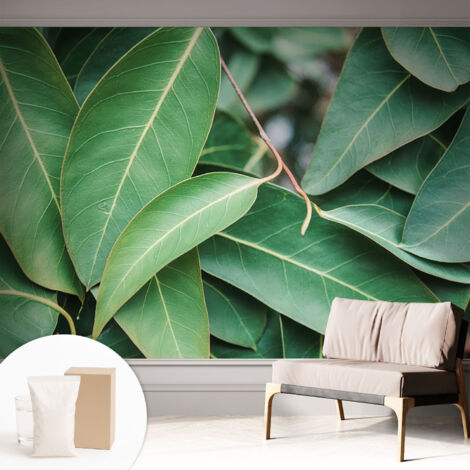 Papier peint intissé décoratif pour chambre et salon Design moderne à poser facilement - Colle incluse gratuite Feuilles vertes 312x219 cm (1/5)