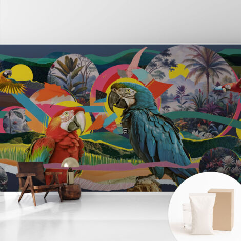 Papier peint intissé avec imprimé pour décoration intérieure pour rénovation a motif - Colle incluse gratuite Oiseaux exotiques 416x254 cm (1/5)