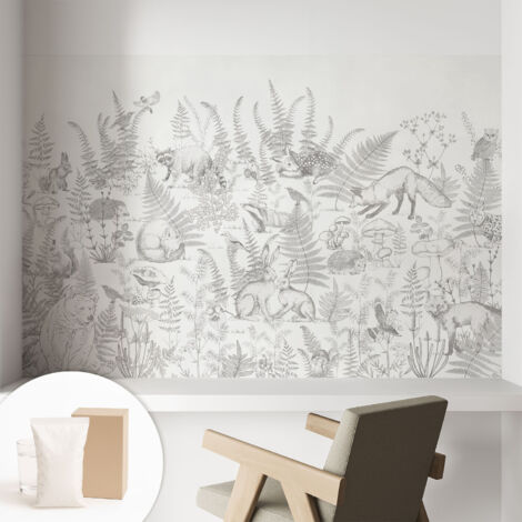 Papier peint intissé mural classique avec imprimé motifs décoratifs design élégant non‑tissé Animaux de la forêt 104x70 cm (1/5)