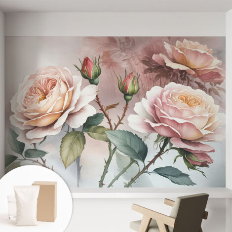 Papier peint intissé mural classique avec imprimé motifs décoratifs design élégant non‑tissé Roses pastel 152x104 cm (1/5)