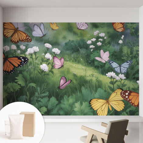 Papier peint intissé décoratif pour salon chambre et cuisine Facile à poser avec colle Papillons dans la prairie 152x104 cm (1/5)