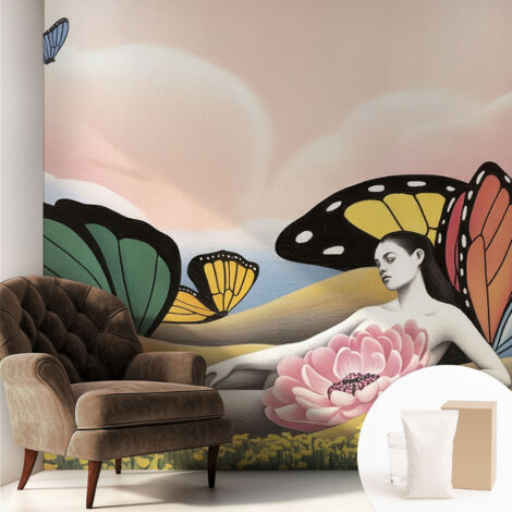 Papier peint intissé décoratif pour salon chambre et cuisine Facile à poser avec colle Prairie aux papillons 250x250 cm (1/5)