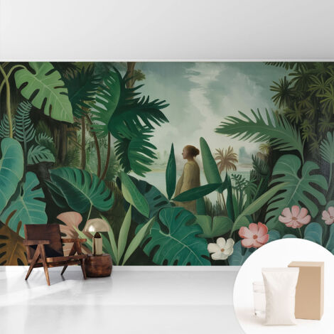 Papier peint intissé pour salon chambre à coucher peint imprimé Installation facile - Colle incluse gratuite Jungle exotique 416x254 cm (1/5)