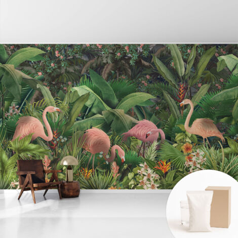Papier peint intissé pour salon chambre à coucher peint imprimé pour mur - Colle incluse gratuite Flamants roses 416x254 cm (1/5)