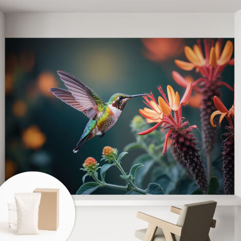Papier peint intissé décoratif pour chambre et salon Design moderne à poser facilement - Colle incluse gratuite Fleurs de colibri 152x104 cm (1/5)