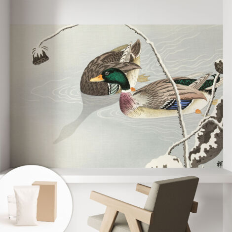 Papier peint intissé décoratif pour salon chambre et cuisine Facile à poser avec colle Canards paisibles 104x70 cm