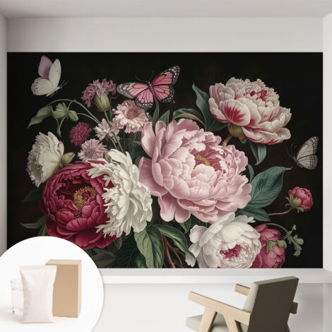 Papier peint intissé pour salon chambre à coucher peint imprimé pour mur - Colle incluse gratuite Pivoines et papillons 152x104 cm