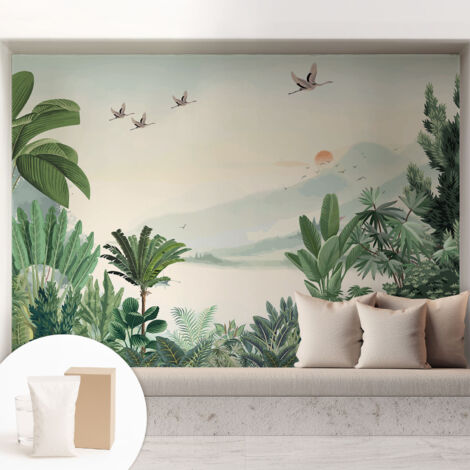 Papier peint intissé pour salon chambre à coucher peint imprimé Installation facile - Colle incluse gratuite Oasis tropicale 208x146 cm (1/5)