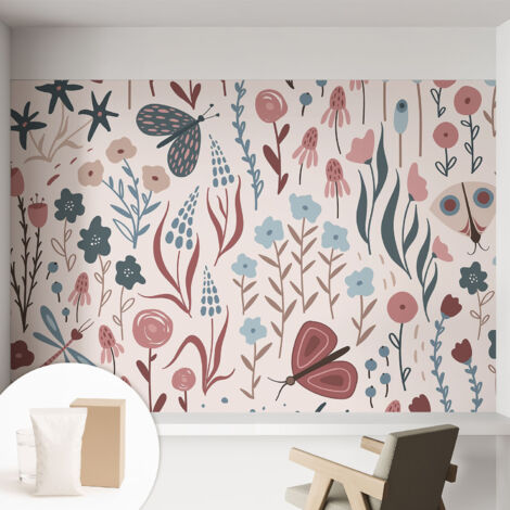 Papier peint intissé mural classique avec imprimé motifs décoratifs design élégant non‑tissé Fleurs et insectes 152x104 cm (1/5)