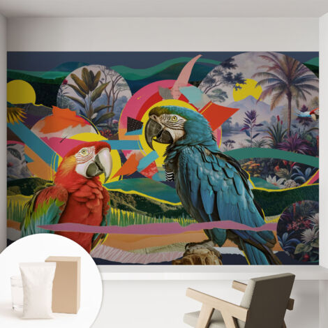 Papier peint intissé avec imprimé pour décoration intérieure pour rénovation a motif - Colle incluse gratuite Oiseaux exotiques 152x104 cm (1/5)