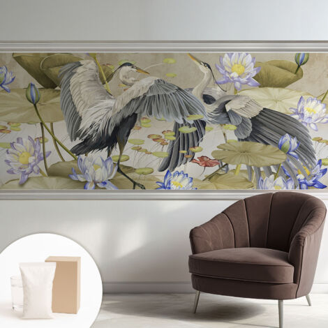 Papier peint intissé avec imprimé pour décoration intérieure pour rénovation a motif - Colle incluse gratuite Oiseaux et lys 250x104 cm (1/5)