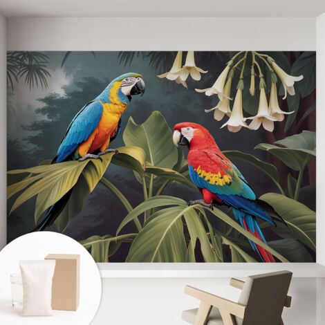 Papier peint intissé mural avec colle pour salon et chambre Décoration murale rapide - Colle incluse gratuite Perruches colorées 152x104 cm (1/5)