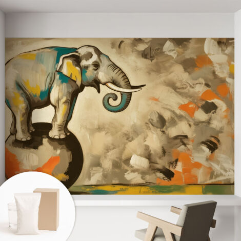 Papier peint intissé mural avec colle pour salon et chambre Décoration murale rapide - Colle incluse gratuite Éléphant abstrait 152x104 cm (1/5)