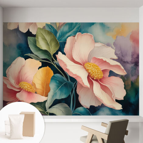 Papier peint intissé mural avec imprimé motifs décoratifs - style contemporain - Colle incluse gratuite Élégance florale 152x104 cm (1/5)