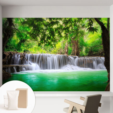 Papier peint intissé mural installation rapide du papier peint durable et résistante - Colle incluse gratuite Cascade forestière 152x104 cm (1/5)