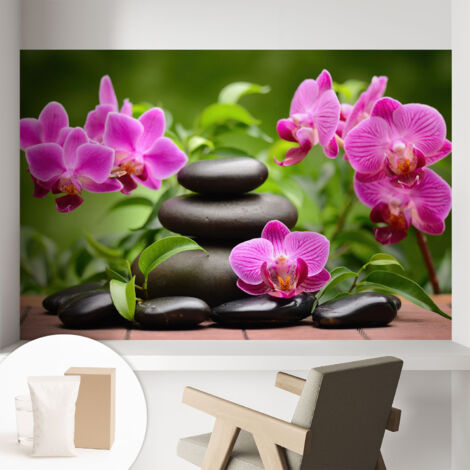 Papier peint intissé pour salon chambre à coucher peint imprimé pour mur - Colle incluse gratuite Orchidées et pierres 104x70 cm (1/5)