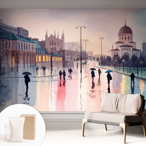 Papier peint intissé décoratif avec colle pour salon chambre et bureau Installation rapide Promenade sous la pluie 312x219 cm (1/5)