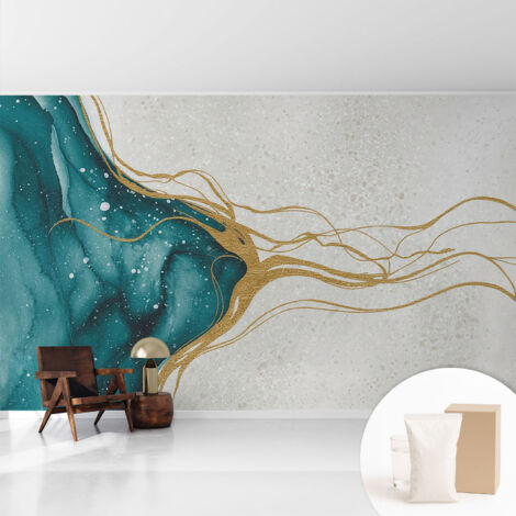 Papier peint intissé mural pour salon chambre à coucher tendance et originale - Colle incluse gratuite Lignes turquoise 416x254 cm (1/5)