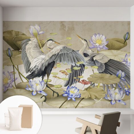 Papier peint intissé avec imprimé pour décoration intérieure pour rénovation a motif - Colle incluse gratuite Oiseaux et lys 152x104 cm (1/5)