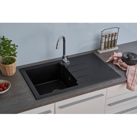 Respekta – Küchenspüle Einbauspüle Granit Mineralite 81 x 50 cm – Schwarz – Hitzebeständig bis 250°C – Wechselseitig einbaubar – Ablauf mit Siebkorb 90 mm (1/5)