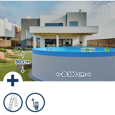Stahlwandpool Set (3-teilig) rund Athen 300x90 cm, Stahl 0,3 mm weiß, Folie 0,2 mm blau, overlap (1/5)