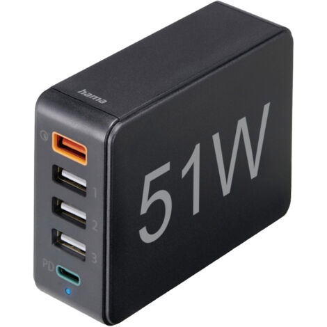 Hama USB-Ladestation 51 W Innenbereich Ausgangsstrom (max.) 3000 mA USB-A, USB-C® Anzahl Ausgänge: (1/5)