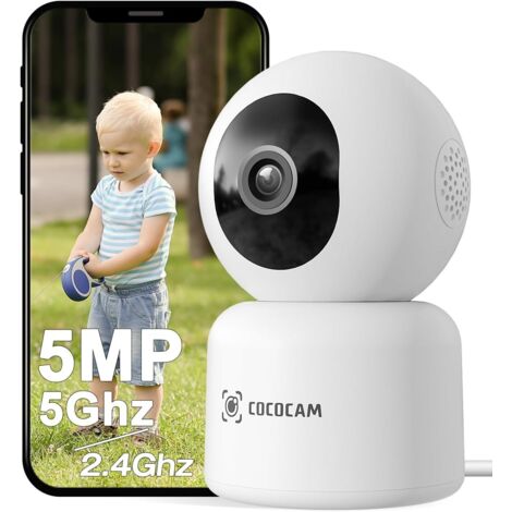 Caméra de surveillance COCOCAM 5MP WiFi intérieur Détection de mouvement AI, suivi auto, audio bidirectionnel, PTZ 355°/90°, stockage TF/cloud, 24h enregistrement, pour bébé/animaux