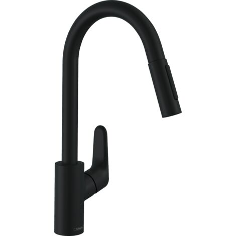 Hansgrohe – Robinet de cuisine noir mat avec douchette extractible 2 jets – Bec orientable 100°/150° – QuickClean et ComfortZone