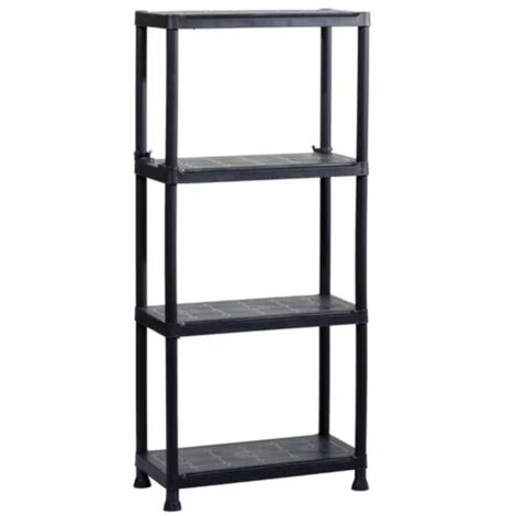 Centrale Brico – Etagère en plastique noir 4 tablettes – Dimensions l.60 x H.135 x P.30 cm – Charge maximale 25 kg par tablette – Montage sans outil
