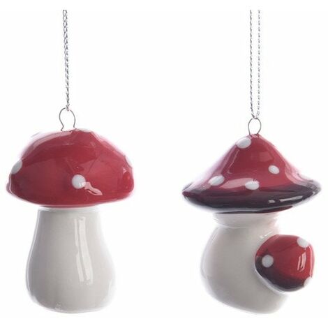 Deco noel a suspendre champignon terre cuite emaillee 4,5x4,5cm 2 variantes