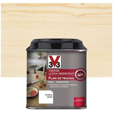 V33 – Vernis incolore satinée pour plan de travail – Résistance aux taches – Finition esthétique – 0.5L pour surfaces de cuisine