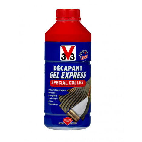 V33 – Décapant gel pour colle – 1 L – Action rapide en 1 h – Nettoyage à l'eau – Pour surfaces en bois et béton