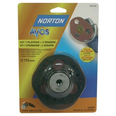 Norton – Plateau 'AVOS' avec 5 disques abrasifs Ø 115 mm – Grain 80 pour ponçage bois dur – Filetage M14 pour meuleuse (1/3)