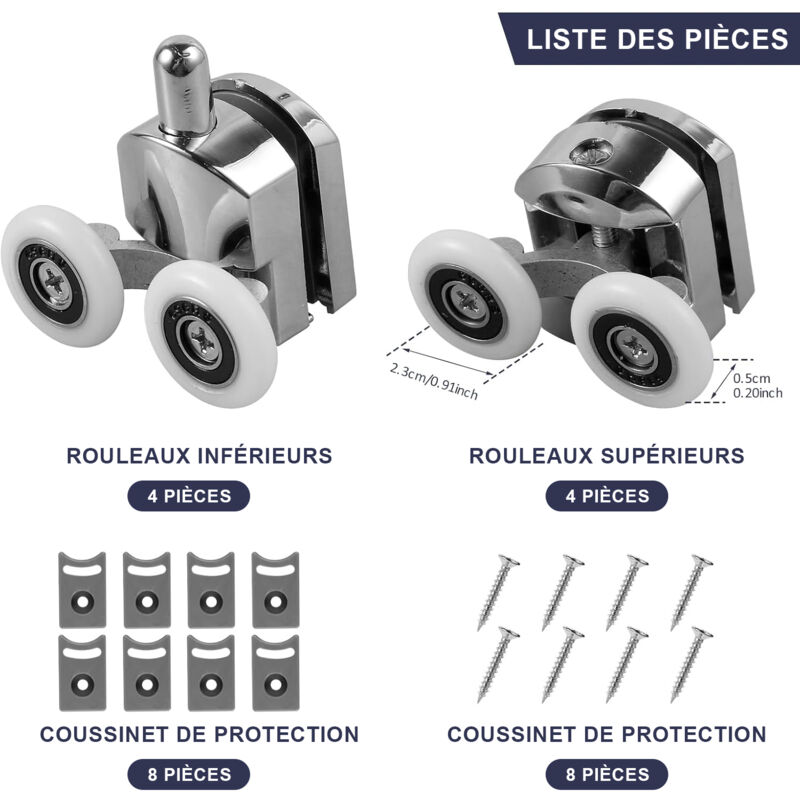 8 Roulette Porte Coulissante Douche en Alliage de Zinc (4 en haut + 4 en bas) (23 mm - 4top + 4 bas) 3
