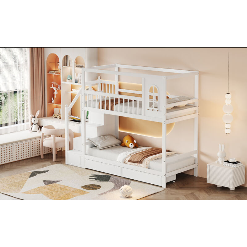 Lit Superposé Enfant Avec Toit Et Tiroirs | 90x200cm | Blanc Et Rose | Pin Et MDF | Rangement Pratique