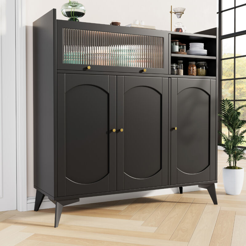Buffet Moderne Noir Brillant 95x35x83 Cm Avec Portes Et étagères Verre - Rangement Salon Ou Salle à Manger - Design Compact