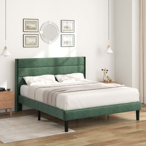 Redom – Lit double rembourré 140 x 200 cm – Tête de lit en tissu vert – Sommier à lattes – Hauteur 29 cm – Rangement sous le lit 16 cm (1/5)