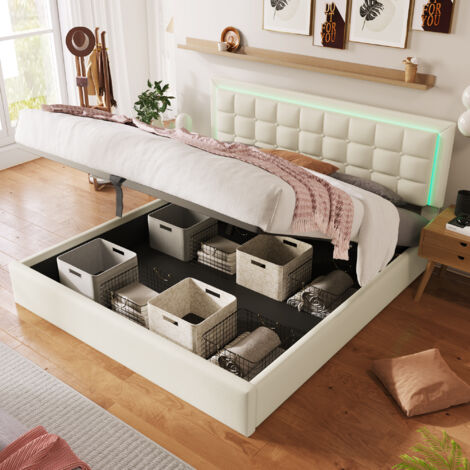 Lit rembourré double, avec LED, sommier à lattes et espace de rangement, 180x200cm, en cuir, blanc (sans matelas) (1/5)