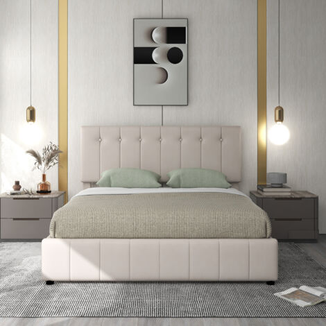 Lit adulte capitonné 140X200 cm, lit coffre double, tête de lit réglable en hauteur, sommier à lattes, Tissu, blanc (1/5)