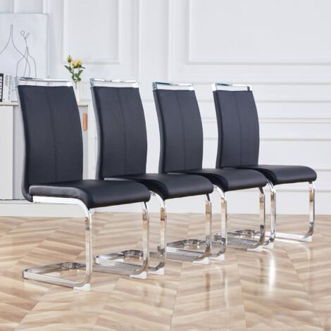 Chaise cantilever, structure en métal chromé, peut supporter jusqu'à 120 kg, légèrement rembourrée avec revêtement en simili cuir, noir, (set, 4 pièces) REDOM (1/5)