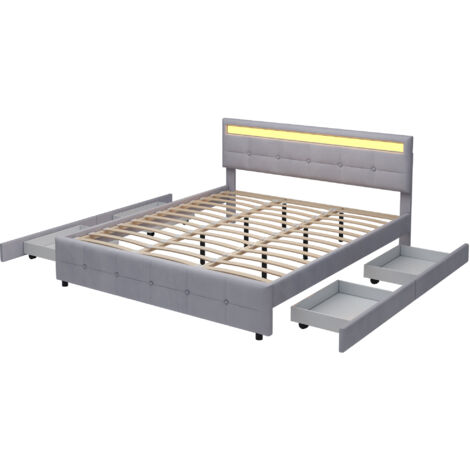 Lit Double 140x190 Cm Avec Tête De Lit Réglable - Velours, Structure Lattes Bois, Facile à Monter, Gris