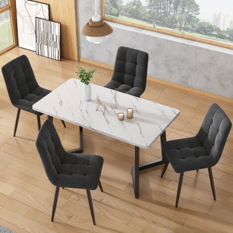 Table à manger moderne finition marbre (1 pièce), table de cuisine, structure en métal, Noir+blanc, 117x68x75 cm