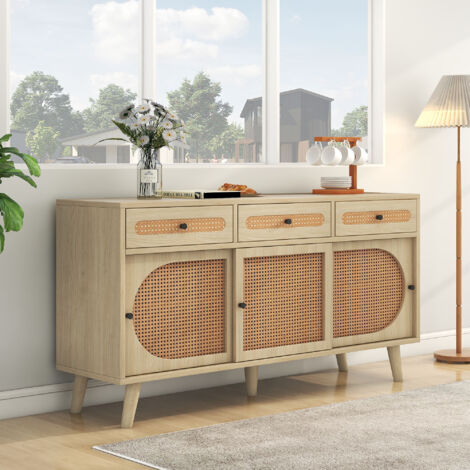Buffet en bois, meuble avec 3 tiroirs et étagères réglables, porte coulissante en rotin plastique PE, naturelle, 140x40x78 cm (1/5)